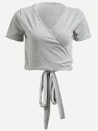 Shein Grey Surplice Front Self-tie Crop T-shirt