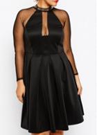 Rosewe Mesh Splicing Hollow Design Black Dress