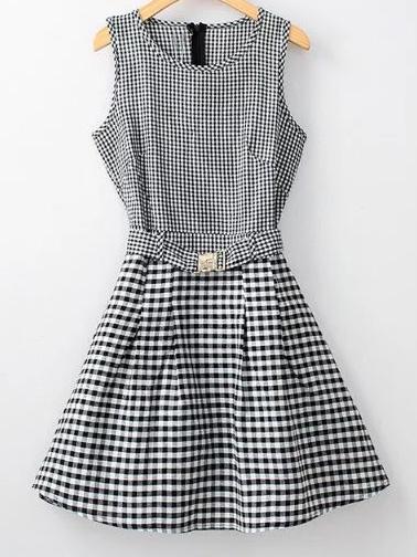 Shein Black White Sleeveless Zipper Back Plaids Dress With Belt
