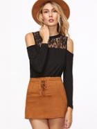 Shein Black Floral Lace Neck Cold Shoulder T-shirt