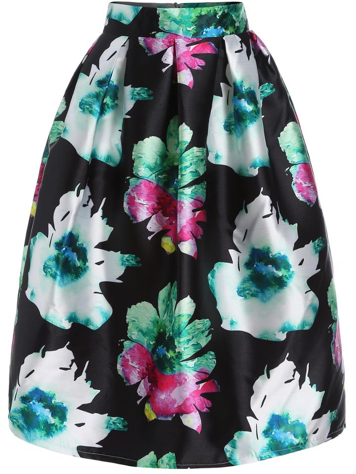 Shein Florals Flare Zipper Green Skirt