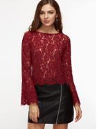 Shein Burgundy Bell Sleeve Scallop Hem Floral Lace Top