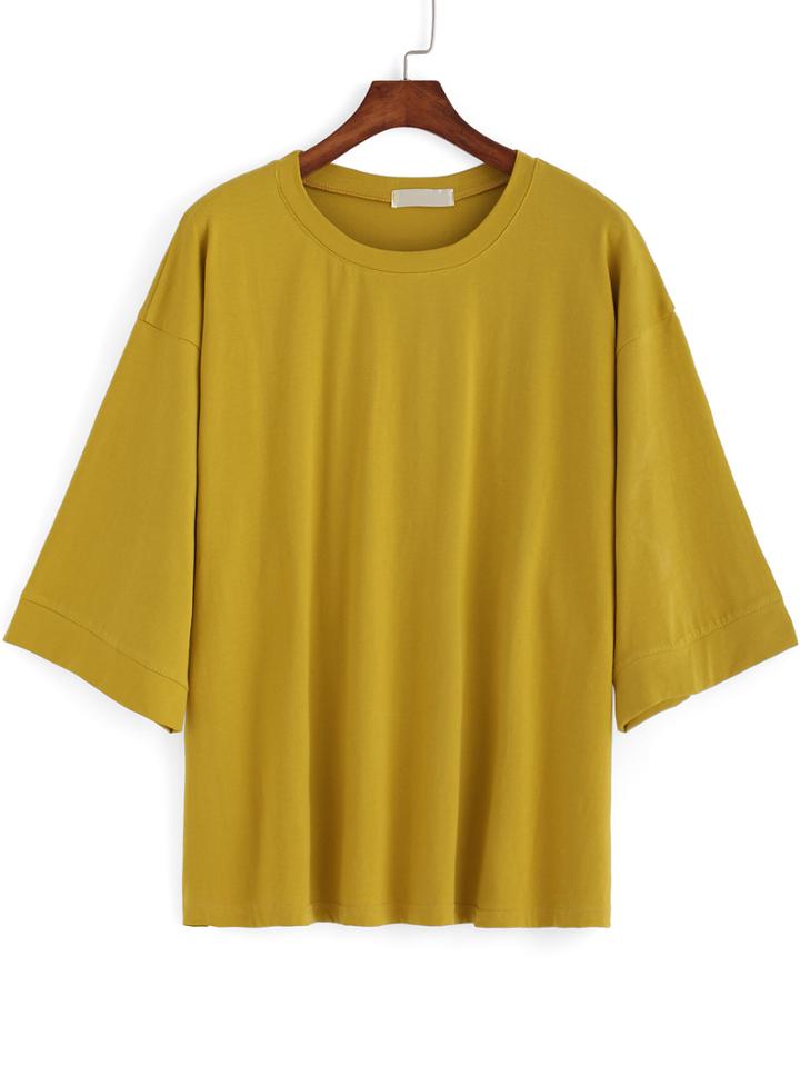 Shein Yellow Round Neck Split Loose T-shirt