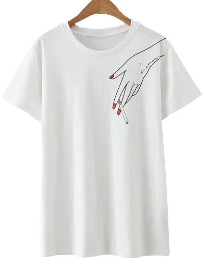 Shein White Hand Cigarette Print Casual T-shirt