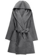 Shein Grey Hooded Pockets Belt Long Coat