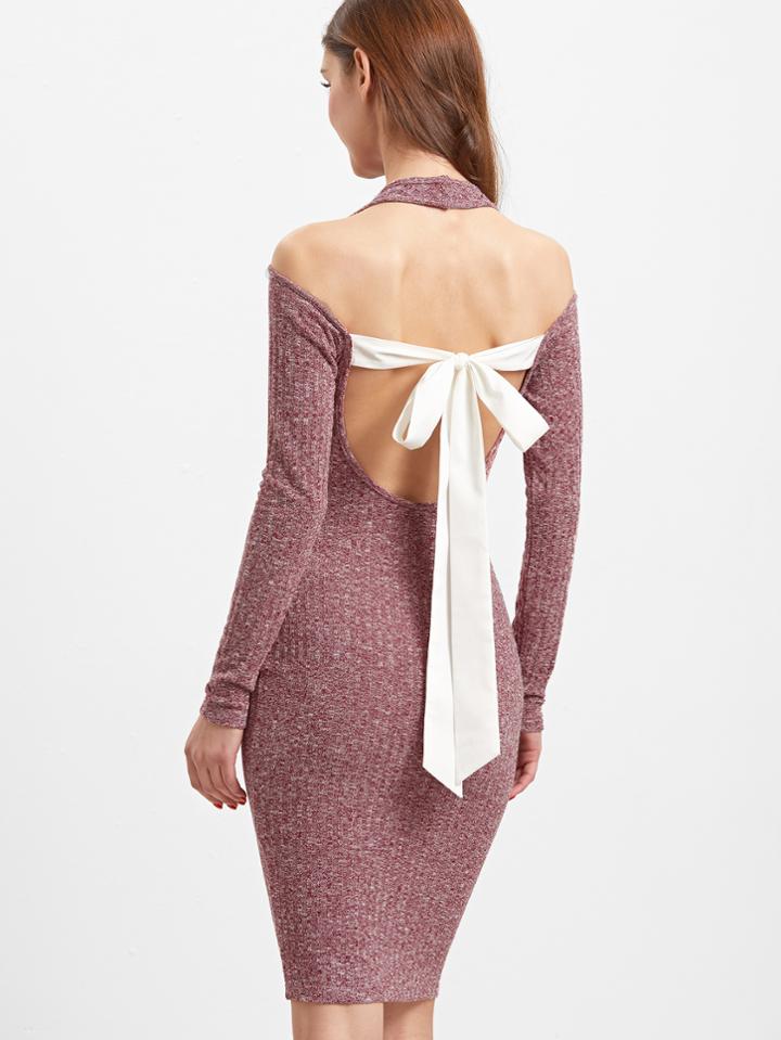 Shein Burgundy Marled Halter Neck Cold Shoulder Bow Tie Open Back Dress