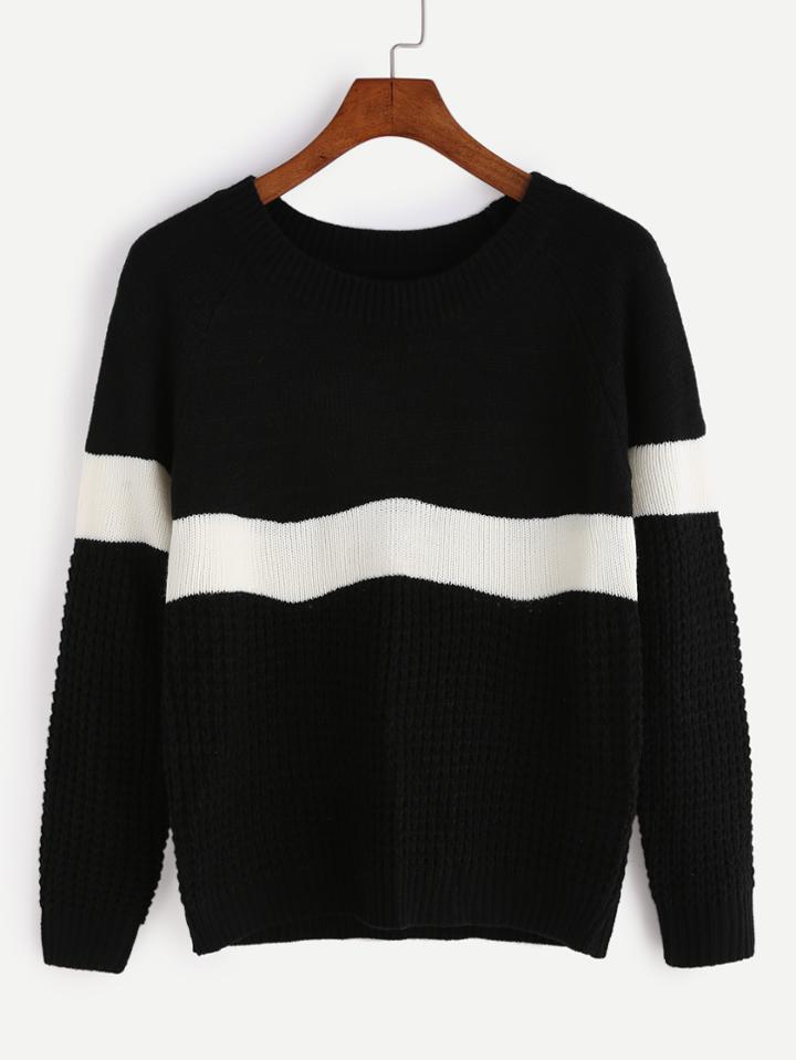 Shein Black Mixed Knit Contrast Panel Sweater