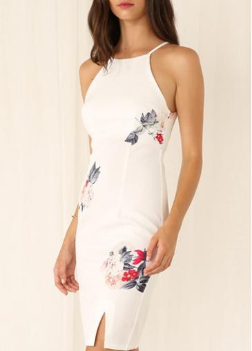 Rosewe Flower Print White Spaghetti Strap Sheath Dress