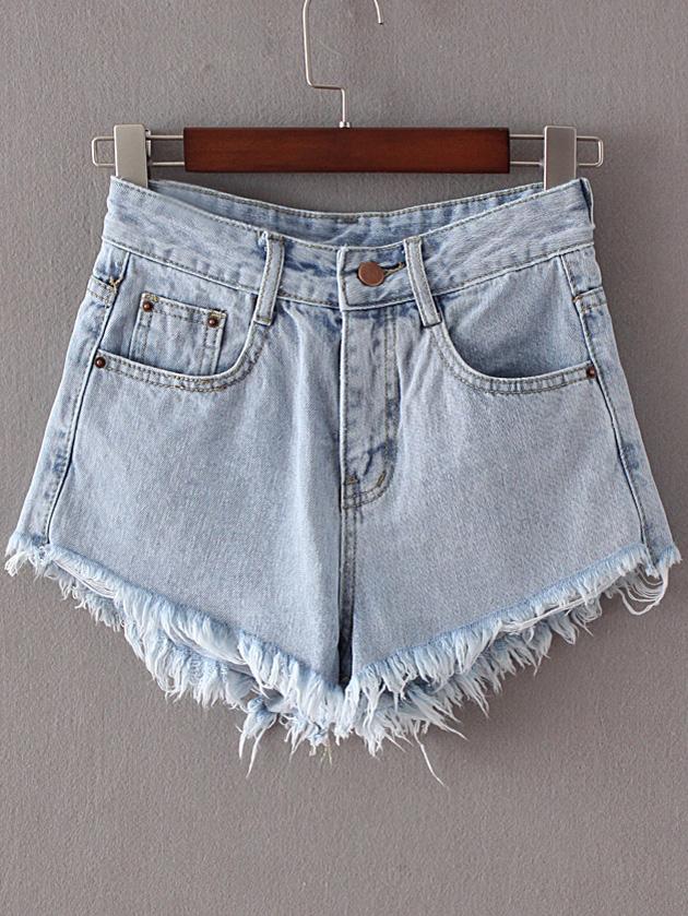 Shein Light Blue Pockets Fringed Trim Denim Shorts