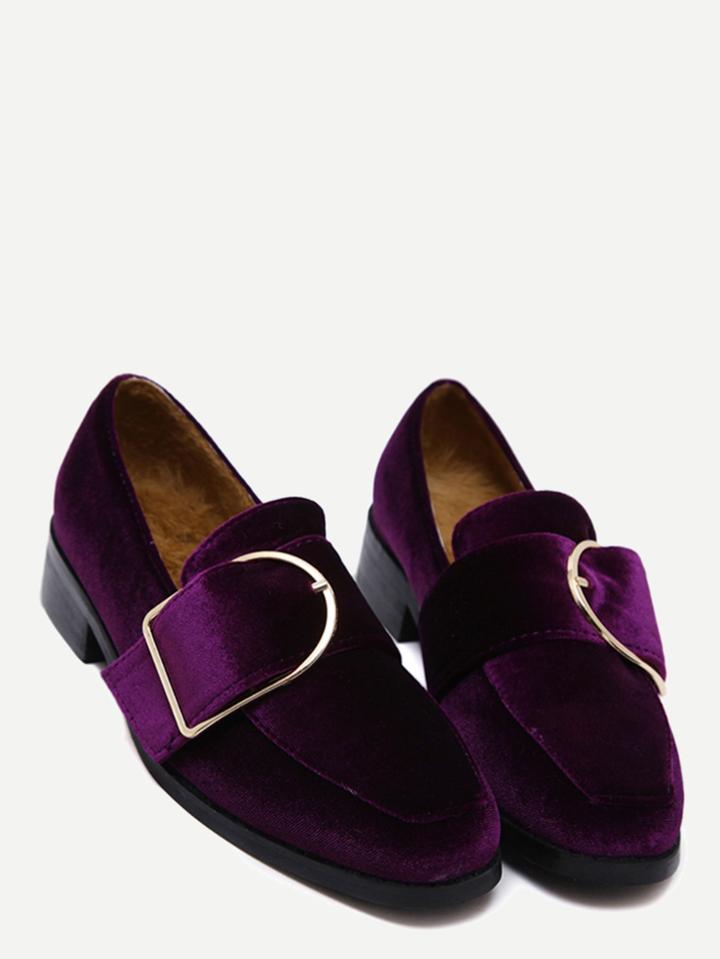 Shein Purple Buckled Strap Velvet Low Heel Pumps