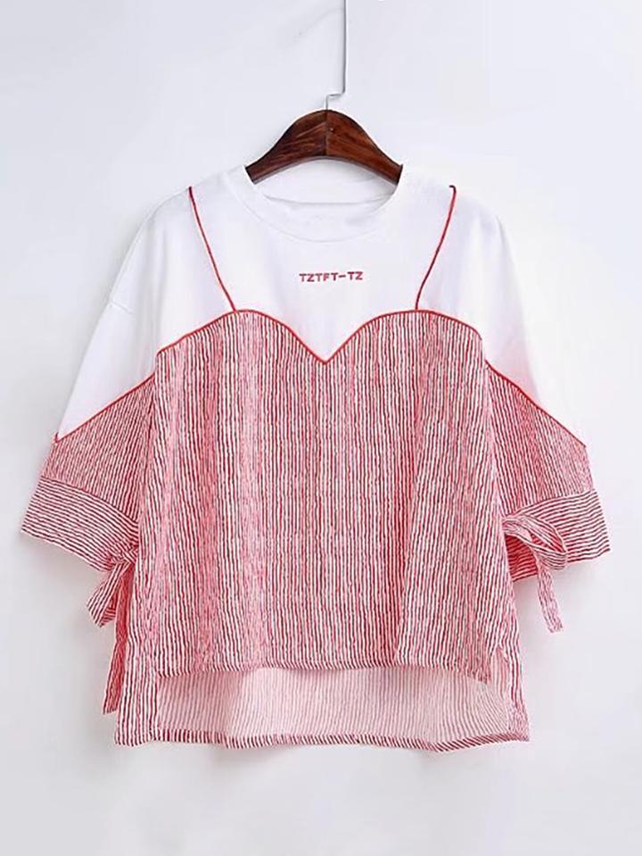 Shein Contrast Striped Tie Cuff High Low Top