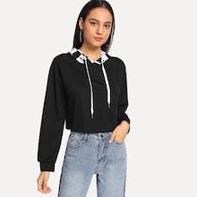 Shein Drawstring Hoodie Plaid Crop Hoodie