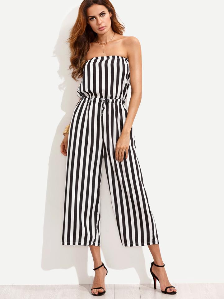 Shein Vertical Striped Drawstring Bandeau Jumpsuit