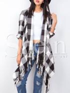 Shein Black White Plaid Asymmetric Fringe Cardigan