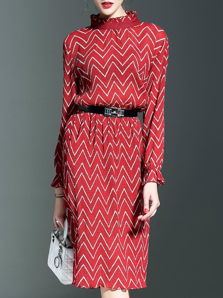 Shein Red Ruffle Collar Petal Sleeve Chevron Belted Dress