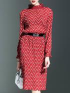 Shein Red Ruffle Collar Petal Sleeve Chevron Belted Dress