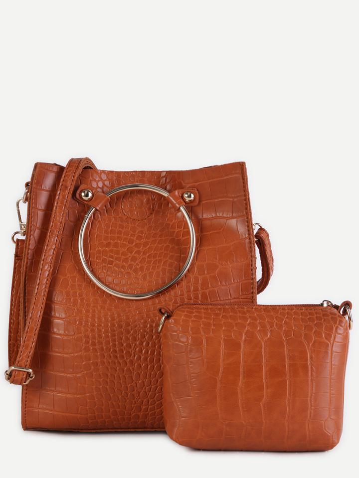 Shein Yellow Crocodile Embossed Pu Metal Ring Shoulder Bag Set