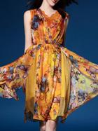 Shein Yellow V Neck Butterfly Print A-line Dress