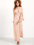 Shein Pink Embroidery Split Sleeve Self Tie Wrap Dress