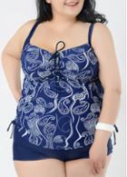 Rosewe Plus Size Navy Blue Printed Padded Tankini