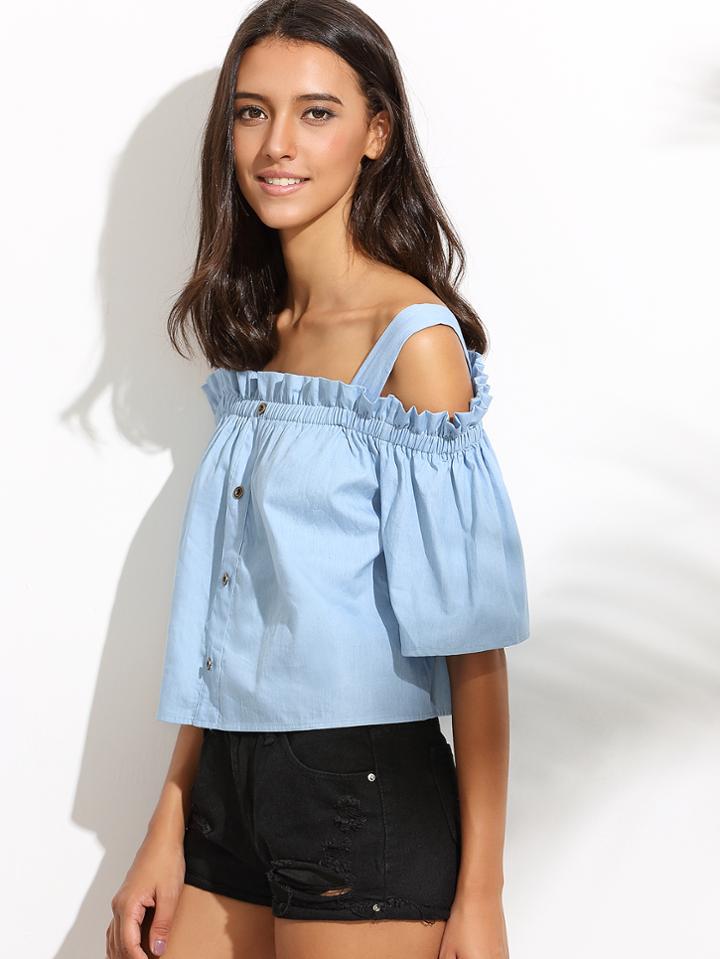 Shein Blue Cold Shoulder Buttons Crop Blouse