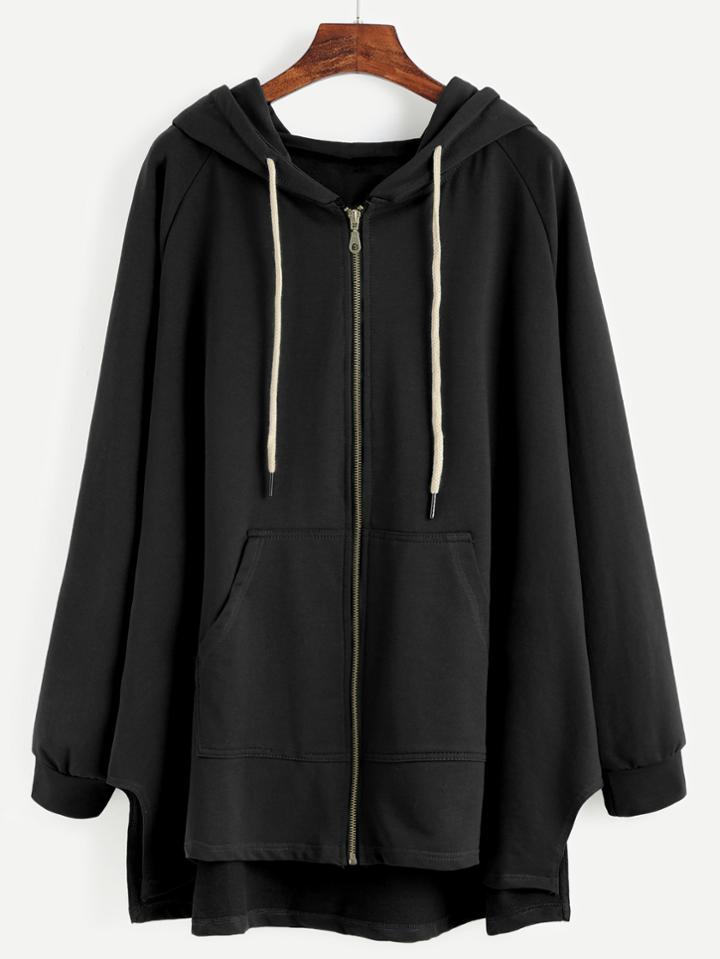 Shein Black Raglan Sleeve Drawstring Hooded Zipper Sweatshirt