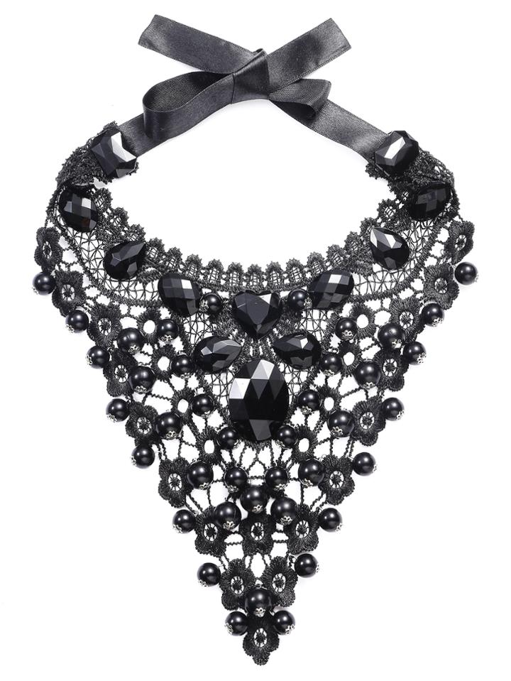 Shein Black Handmade Lace Beaded Elegant Necklace