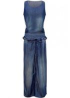 Rosewe Trendy Round Neck Sleeveless Denim Dress With Drawstring