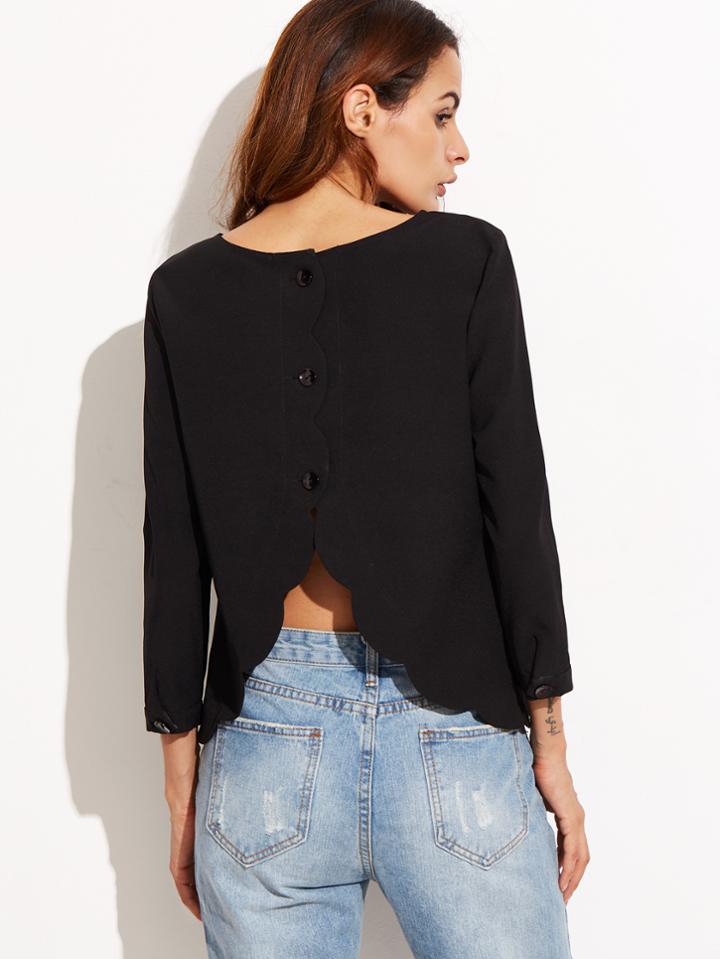Shein Black Buttoned Split Back Scallop Top