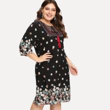 Shein Plus Geo Embroidered Tassel Tie Florals Dress