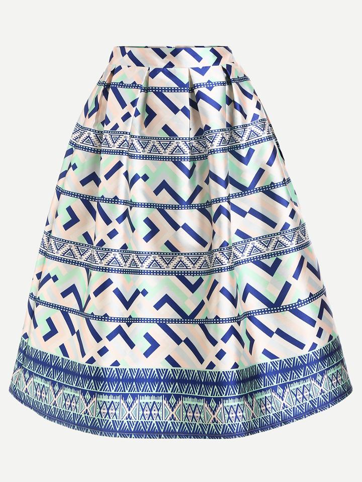 Shein Geometric Print Box Pleated Midi Skirt - Blue