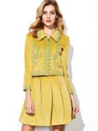 Shein Yellow Lapel Length Sleeve Embroidered Drawstring Two Pieces Dress