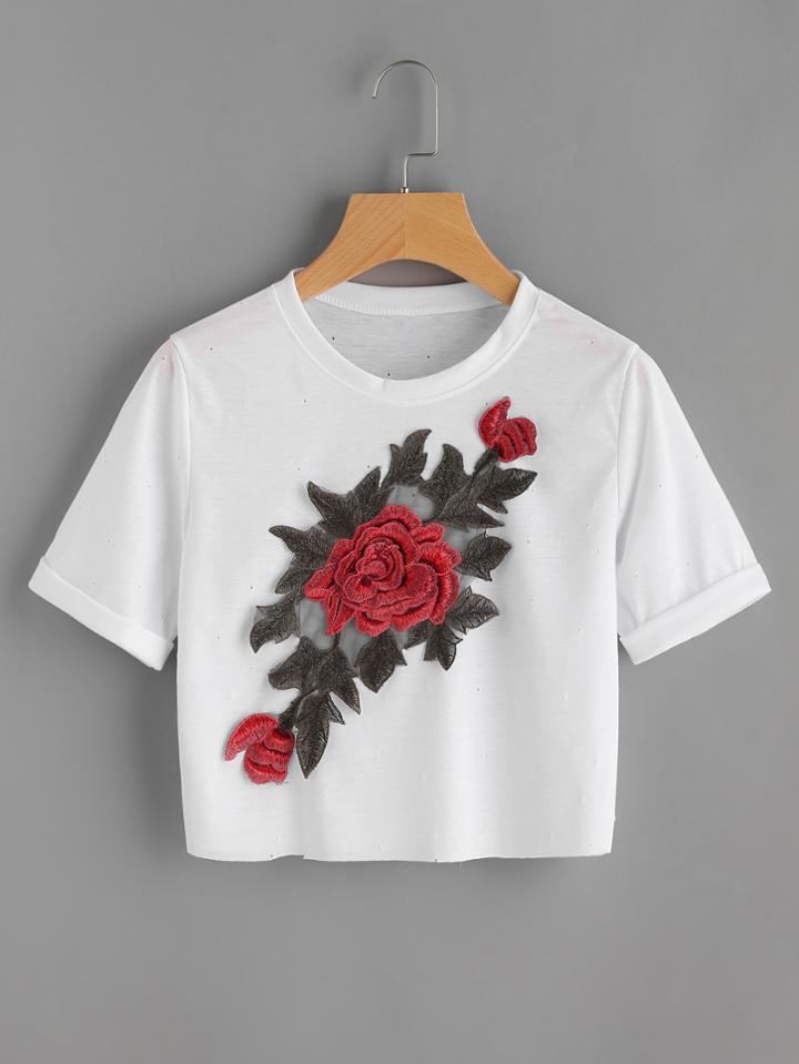Shein Rose Appliques Crop Tee