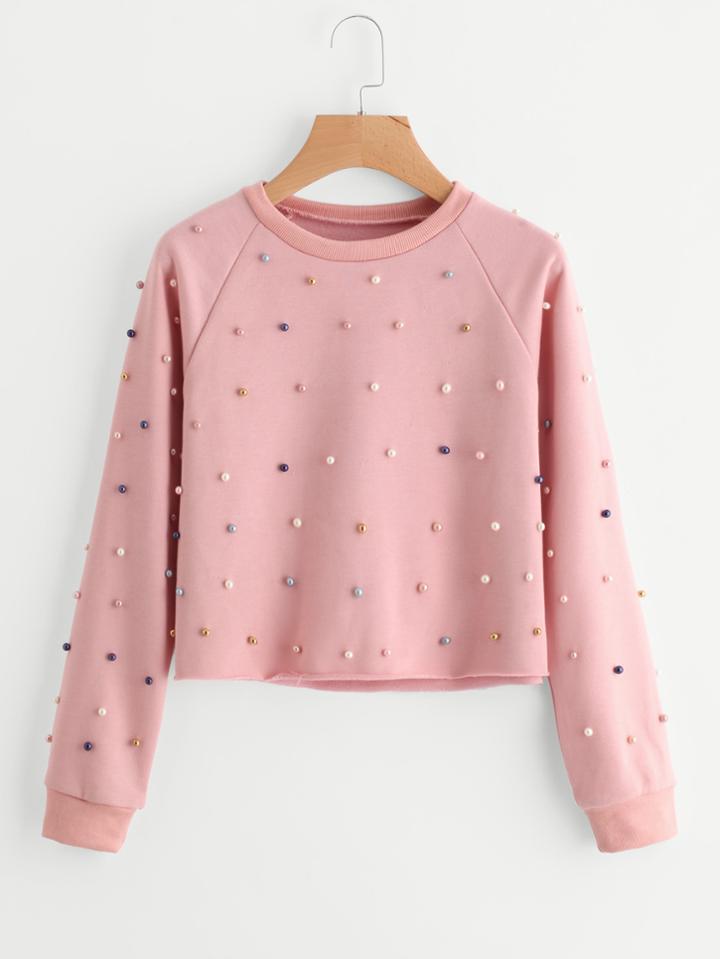 Shein Raglan Sleeve Raw Hem Pearl Beading Sweatshirt