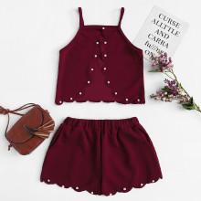 Shein Scallop Trim Pearl Beaded Cami With Shorts