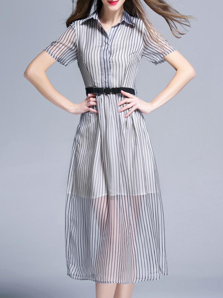 Shein White Blue Striped Lapel Belted Dress