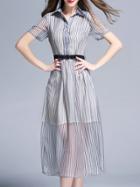 Shein White Blue Striped Lapel Belted Dress
