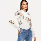 Shein Pleated Front Contrast Lace Flower Top