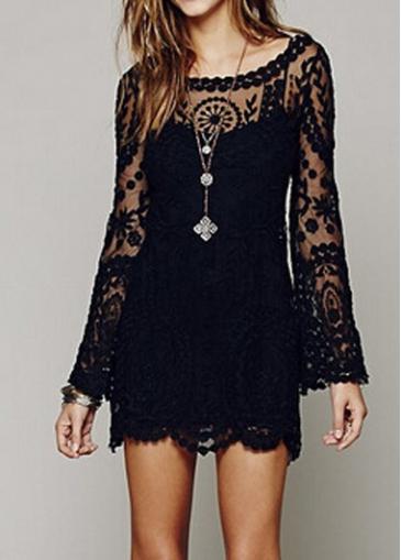 Rosewe Flare Sleeve Mesh Splicing Black Straight Dress