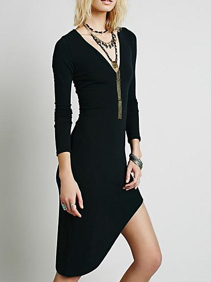 Shein Black V Neck Long Sleeve Asymmetrical Dress