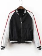 Shein Black Color Block Letter Embroidery Zipper Up Jacket