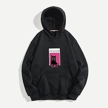 Shein Men Letter And Cat Print Hoodie