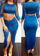 Rosewe Long Sleeve Blue Crop Top And Skirt Set