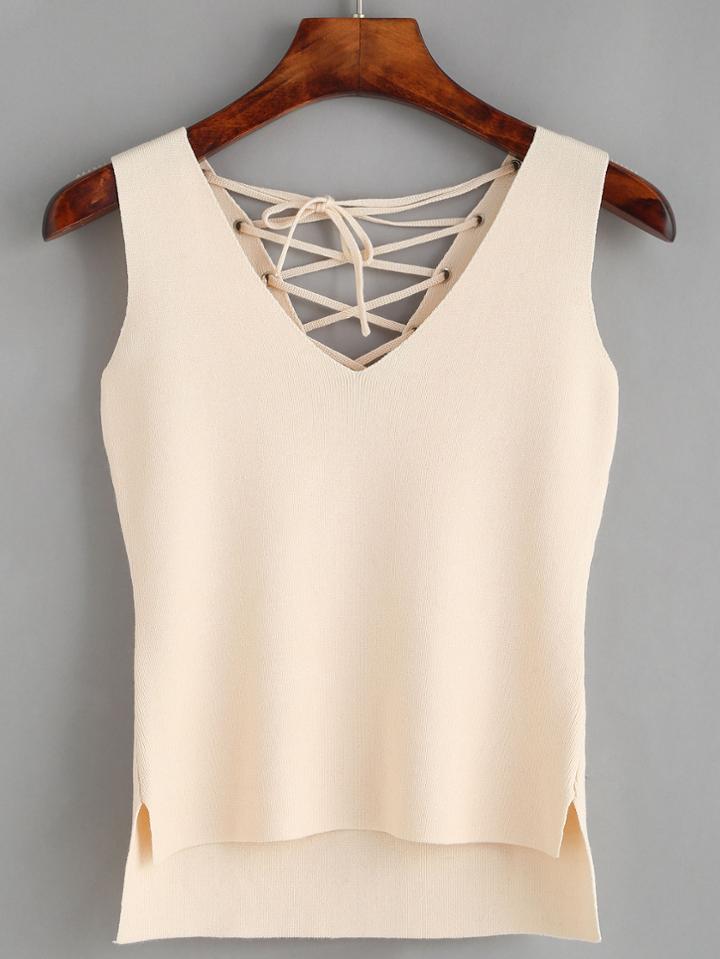 Shein Apricot V Neck Lace-up Tank Top