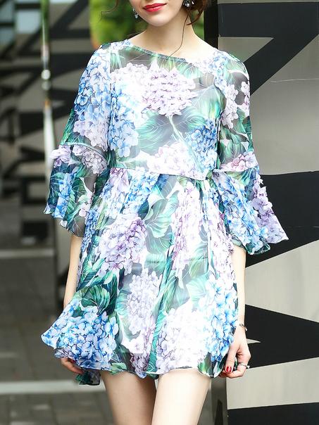 Shein Bell Sleeve Flowers Applique Print Dress