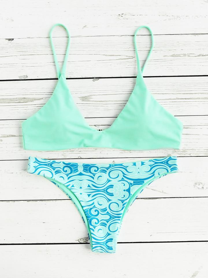 Shein Plunge Neckline Print Bikini Set