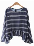 Shein Dark Blue Bell Sleeve Ruffle Hem Stripe Blouse