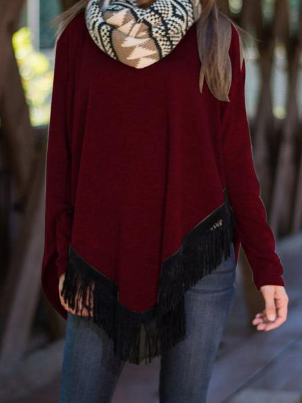 Shein Red Round Neck Asymmetrical Tassel T-shirt