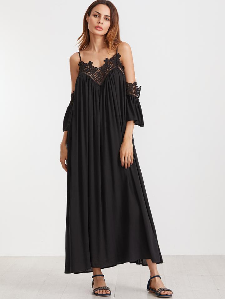 Shein Black Cold Shoulder Pleated Lace Trim Dress