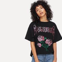 Shein Letter And Flower Print Tee